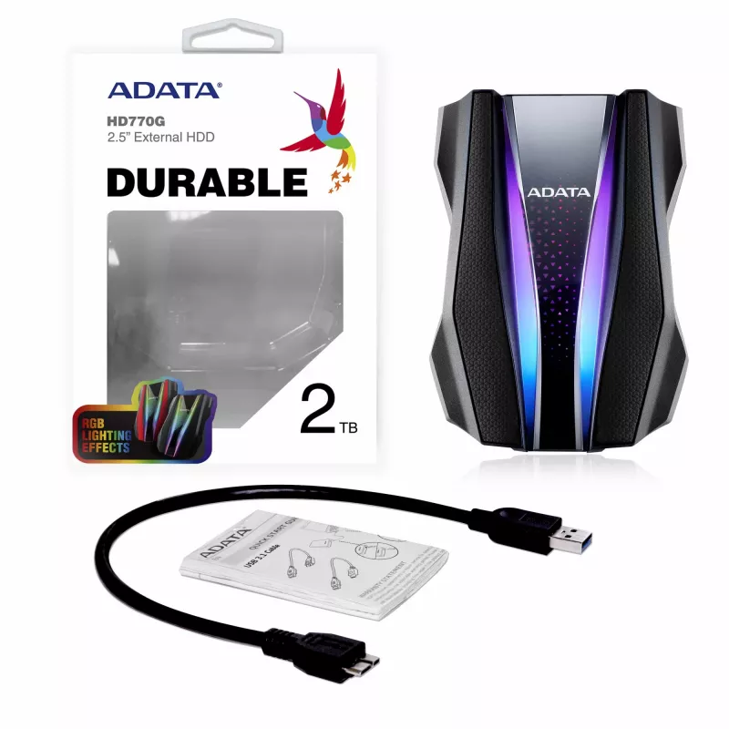 Ārējais cietais disks ADATA HD770G 2TB 2,5 collu USB 3.2 Gen 1 melns, triecienizturīgs, ar kopnes barošanu