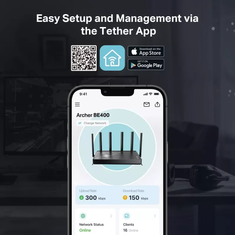 TP-Link Archer BE400 bezvadu maršrutētājs 2,5 Gigabit Ethernet divjoslu (2,4 GHz / 5 GHz) Melns