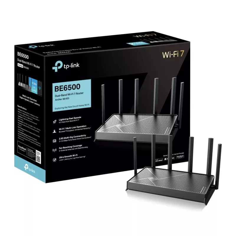 TP-Link Archer BE400 bezvadu maršrutētājs 2,5 Gigabit Ethernet divjoslu (2,4 GHz / 5 GHz) Melns