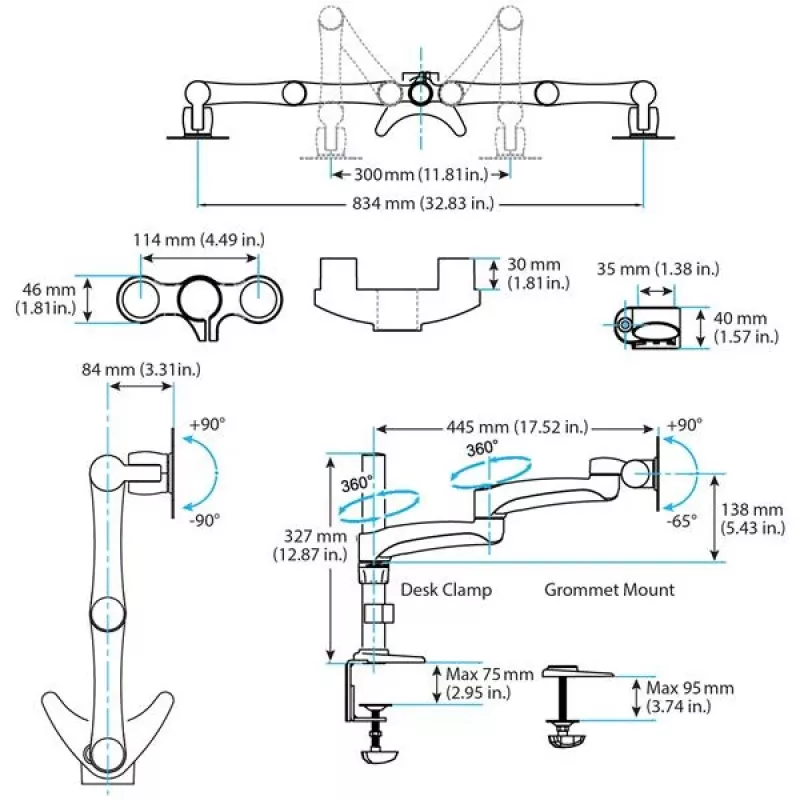 StarTech.com Desk-Mount Dual Monitor Arm - Articulating, Clamp, 13.6 kg, 30.5 cm (12 inch), 61 cm (24 inch), 100 x 100 mm, Melns