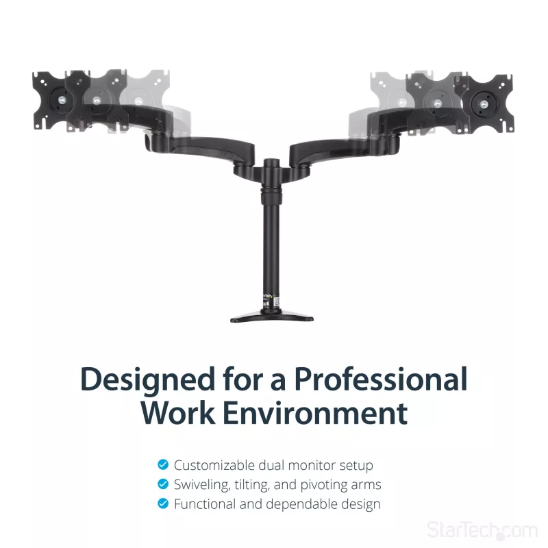 StarTech.com Desk-Mount Dual Monitor Arm - Articulating, Clamp, 13.6 kg, 30.5 cm (12 inch), 61 cm (24 inch), 100 x 100 mm, Melns