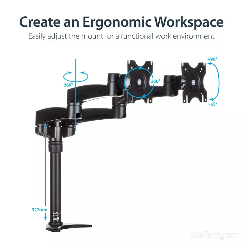StarTech.com Desk-Mount Dual Monitor Arm - Articulating, Clamp, 13.6 kg, 30.5 cm (12 inch), 61 cm (24 inch), 100 x 100 mm, Melns