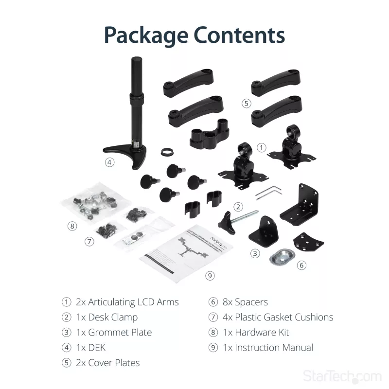 StarTech.com Desk-Mount Dual Monitor Arm - Articulating, Clamp, 13.6 kg, 30.5 cm (12 inch), 61 cm (24 inch), 100 x 100 mm, Melns