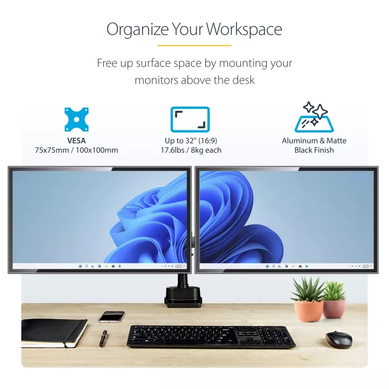 StarTech.com Galda stiprinājums divu monitoru rokai, pilnas kustības monitora stiprinājums 2 VESA displejiem līdz 32 collām (17,6 mārciņas/8 kg), augstuma regulēšana, skavas/cauruma stiprinājums, mehāniskā atspere