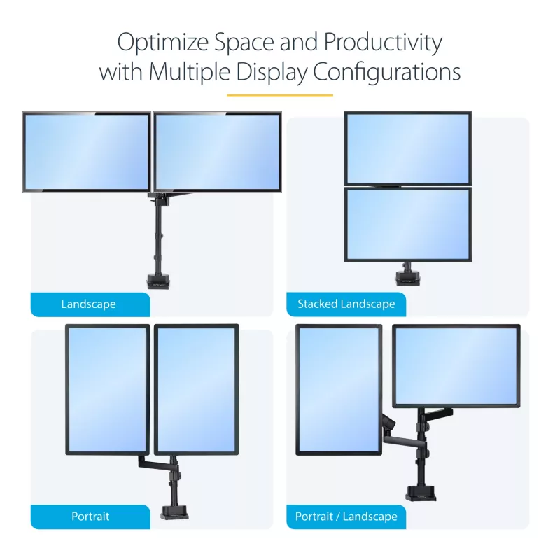 StarTech.com Galda stiprinājums divu monitoru rokai, pilnas kustības monitora stiprinājums 2 VESA displejiem līdz 32 collām (17,6 mārciņas/8 kg), augstuma regulēšana, skavas/cauruma stiprinājums, mehāniskā atspere