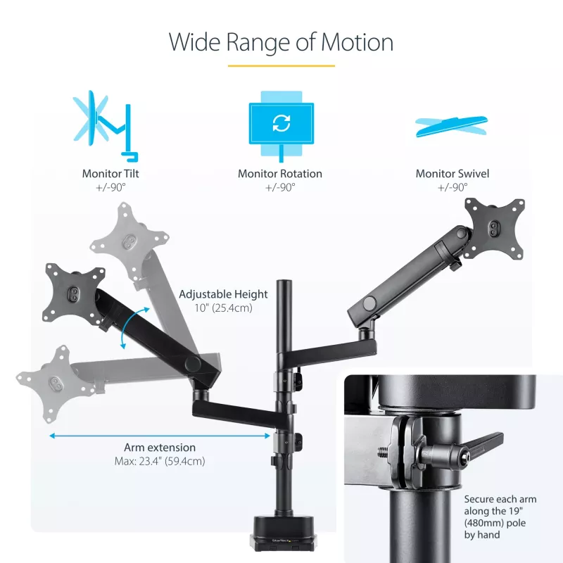 StarTech.com Galda stiprinājums divu monitoru rokai, pilnas kustības monitora stiprinājums 2 VESA displejiem līdz 32 collām (17,6 mārciņas/8 kg), augstuma regulēšana, skavas/cauruma stiprinājums, mehāniskā atspere