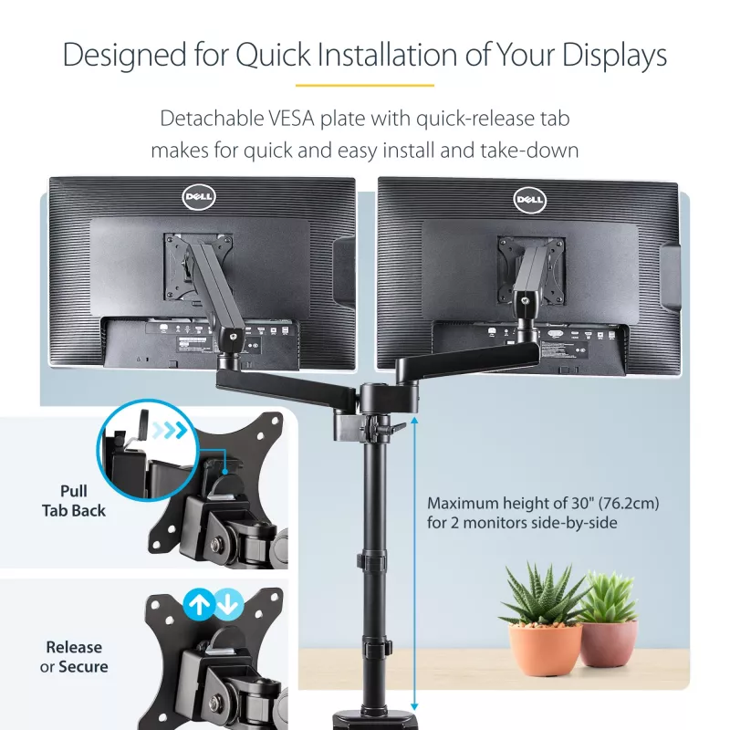 StarTech.com Galda stiprinājums divu monitoru rokai, pilnas kustības monitora stiprinājums 2 VESA displejiem līdz 32 collām (17,6 mārciņas/8 kg), augstuma regulēšana, skavas/cauruma stiprinājums, mehāniskā atspere