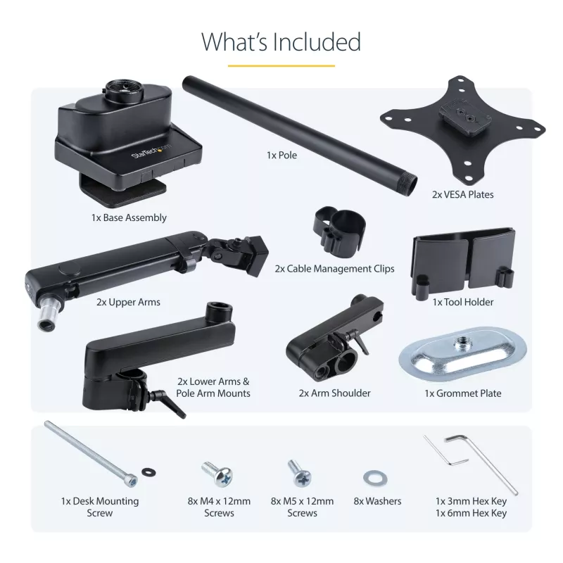 StarTech.com Galda stiprinājums divu monitoru rokai, pilnas kustības monitora stiprinājums 2 VESA displejiem līdz 32 collām (17,6 mārciņas/8 kg), augstuma regulēšana, skavas/cauruma stiprinājums, mehāniskā atspere