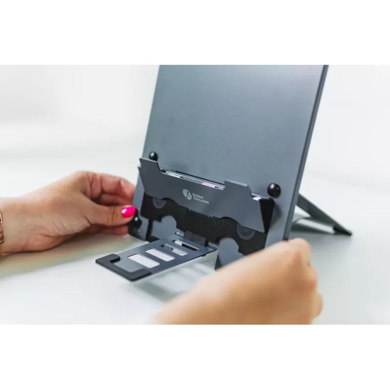 BakkerElkhuizen Ergo-Q Hybrid Pro, Laptop statīvs, Melns, Tumši pelēks, Alumīnijs, Gumija, Tērauds, 25,4 cm (10 collas), 40,6 cm (16 collas), 25,4 cm (10 collas)