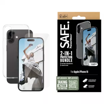 PanzerGlass SAFE. by ® 2-in-1 aizsardzības komplekts iPhone 16, Apple, Apple - iPhone 16, sausā uzklāšana, izturīgs pret skrāpējumiem, triecienizturīgs, caurspīdīgs, 1 gab.