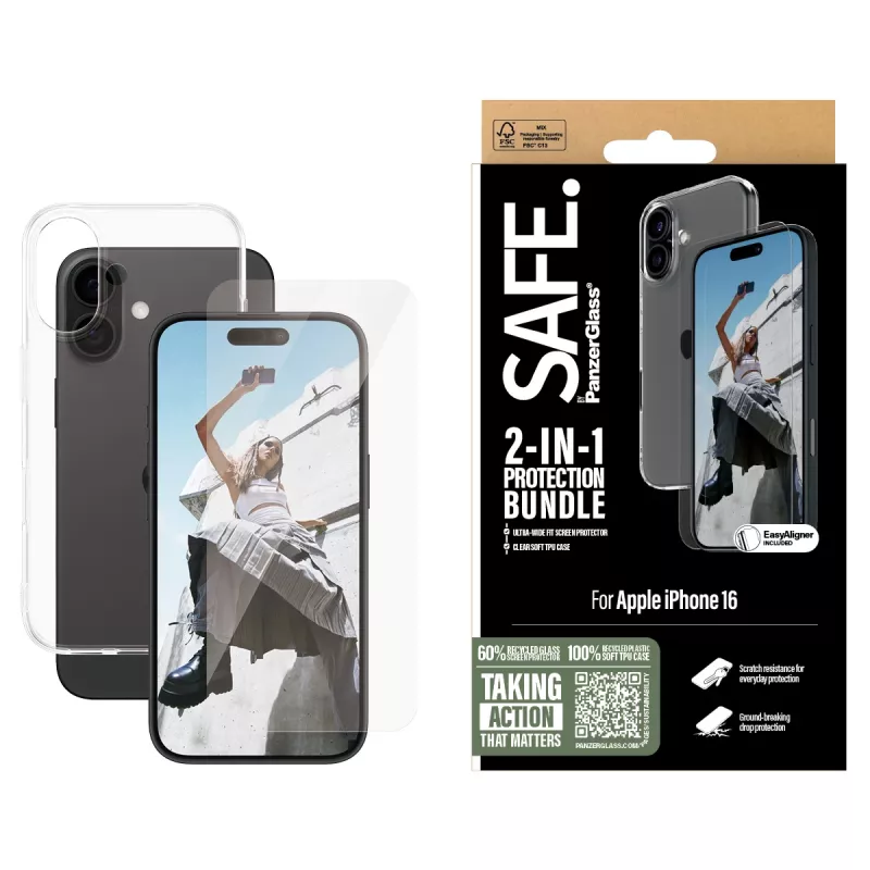 PanzerGlass SAFE. by ® 2-in-1 aizsardzības komplekts iPhone 16, Apple, Apple - iPhone 16, sausā uzklāšana, izturīgs pret skrāpējumiem, triecienizturīgs, caurspīdīgs, 1 gab.