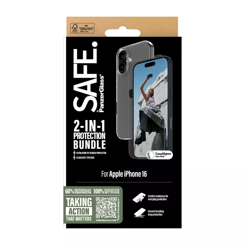 PanzerGlass SAFE. by ® 2-in-1 aizsardzības komplekts iPhone 16, Apple, Apple - iPhone 16, sausā uzklāšana, izturīgs pret skrāpējumiem, triecienizturīgs, caurspīdīgs, 1 gab.