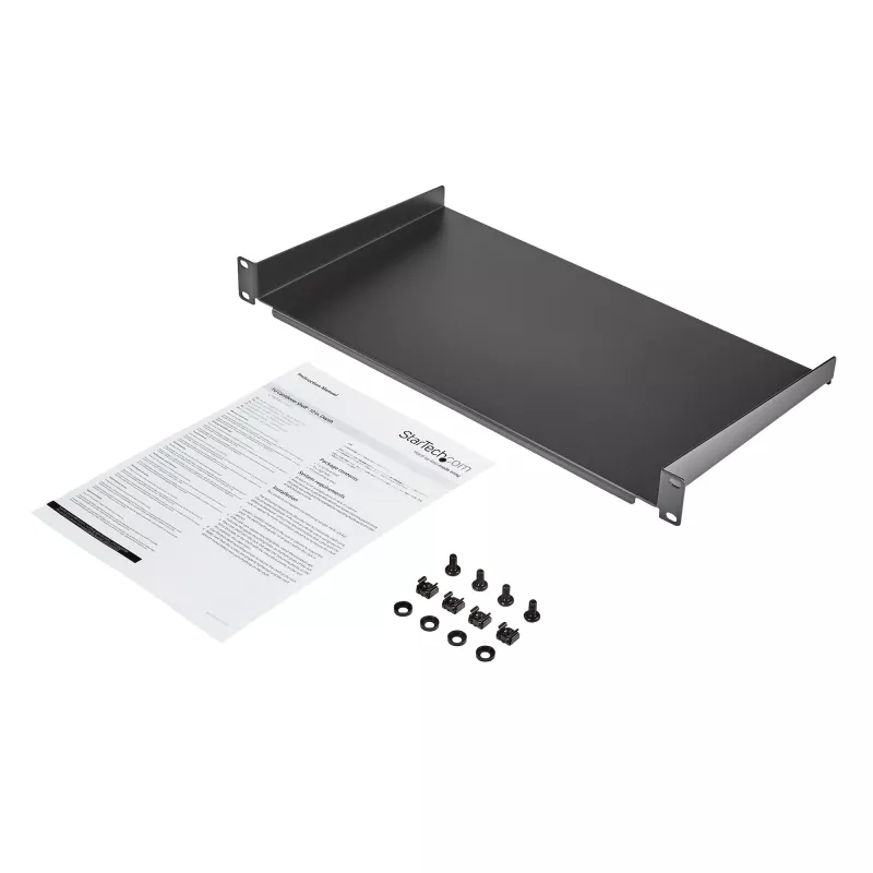 StarTech.com 1U fiksēts serveru statīva stiprināšanas plaukts - 10 collu dziļš tērauda universāls konsoles paliktnis 19 collu AV/ tīkla iekārtu statīvam - lielas slodzes tērauds - svara ietilpība 44 mārciņas/20 kg, melns