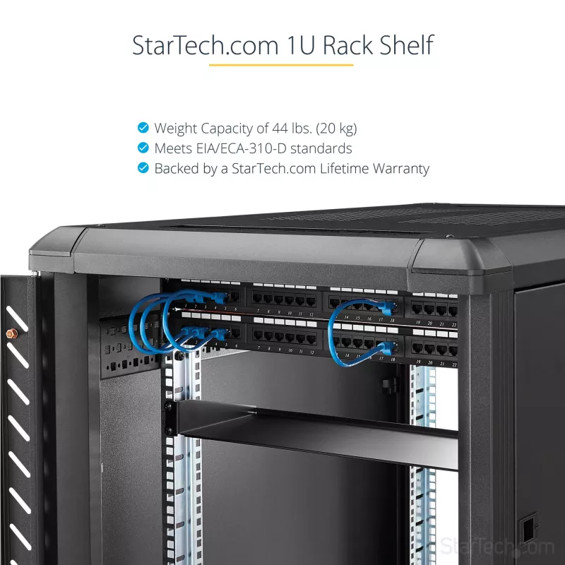 StarTech.com 1U fiksēts serveru statīva stiprināšanas plaukts - 10 collu dziļš tērauda universāls konsoles paliktnis 19 collu AV/ tīkla iekārtu statīvam - lielas slodzes tērauds - svara ietilpība 44 mārciņas/20 kg, melns