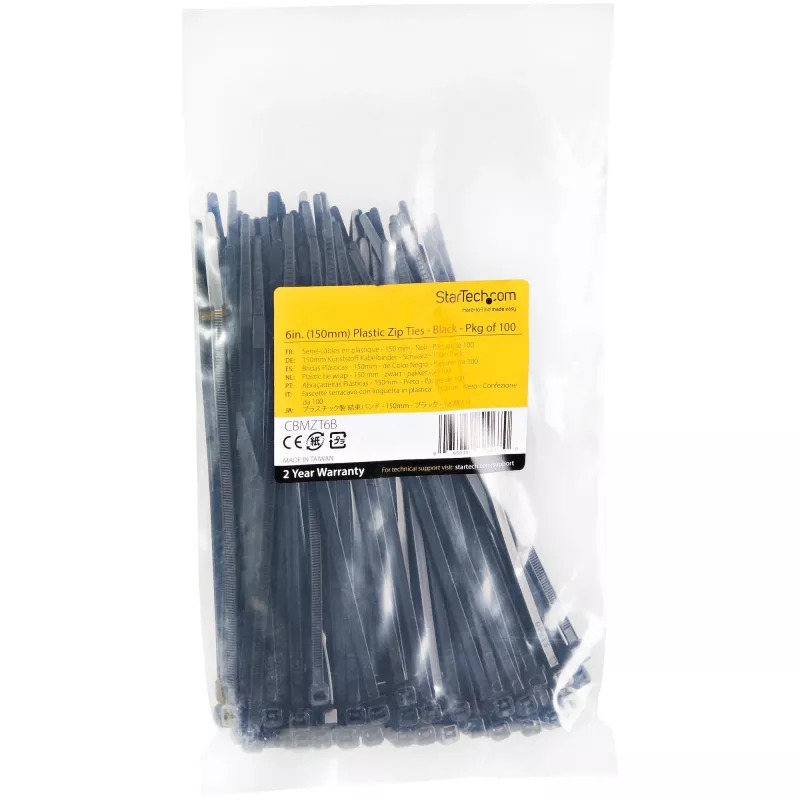 StarTech.com 100-Pack 6 inch(15cm) kabelis Ties - 1/8 inch(3.6mm) wide, 1-3/8 inch(39mm) Bundle Diameter, 40lb(18kg) Tensile Strength, Nylon Self Locking Zip Ties with Curved Tip, UL Listed, Melns - TAA