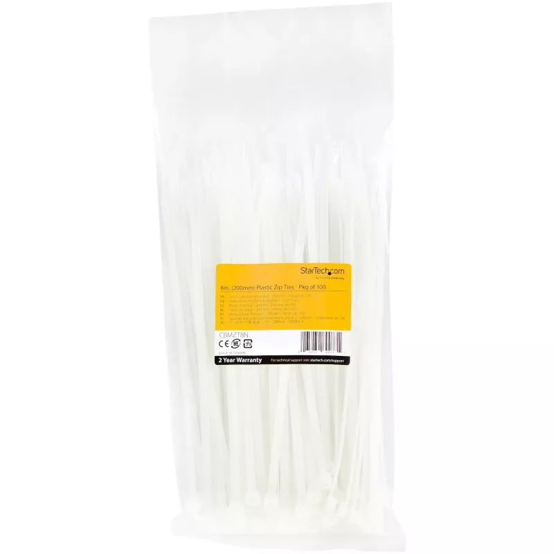 StarTech.com 8 collu (20 cm) kabeļu saites – 1/8 collas (4 mm) platas, 2-1/8 collas (55 mm) saišķa diametrs, 50 mārciņas (22 kg) stiepes izturība, neilona pašbloķējošās rāvējslēdzēja saites ar izliektu galu – 94V-2/UL sarakstā, 100 gab. iepakojums – balta