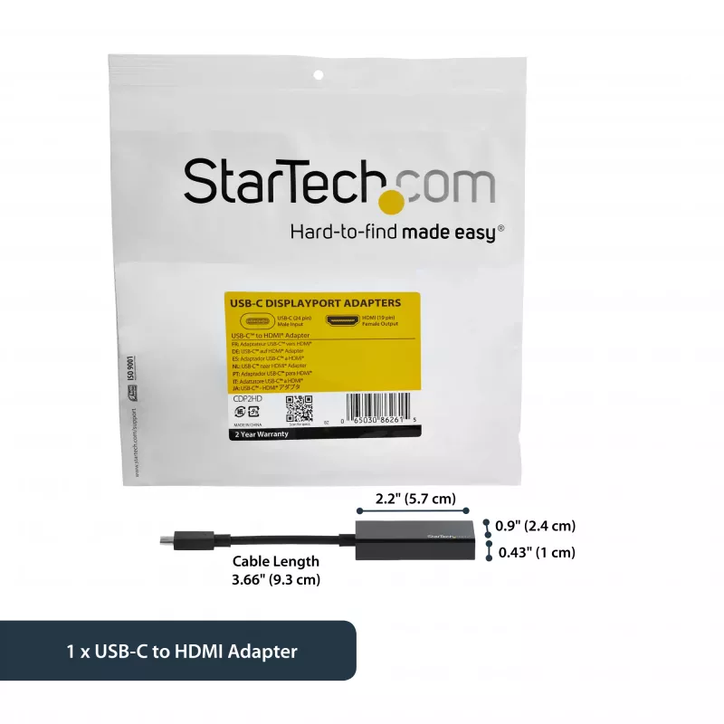 StarTech.com USB-C uz HDMI adapteris ar 4K 30Hz - Melns, 3.2 Gen 2 (3.1 Gen 2), USB Type-C, HDMI izeja, 3840 x 2160 pikseļi