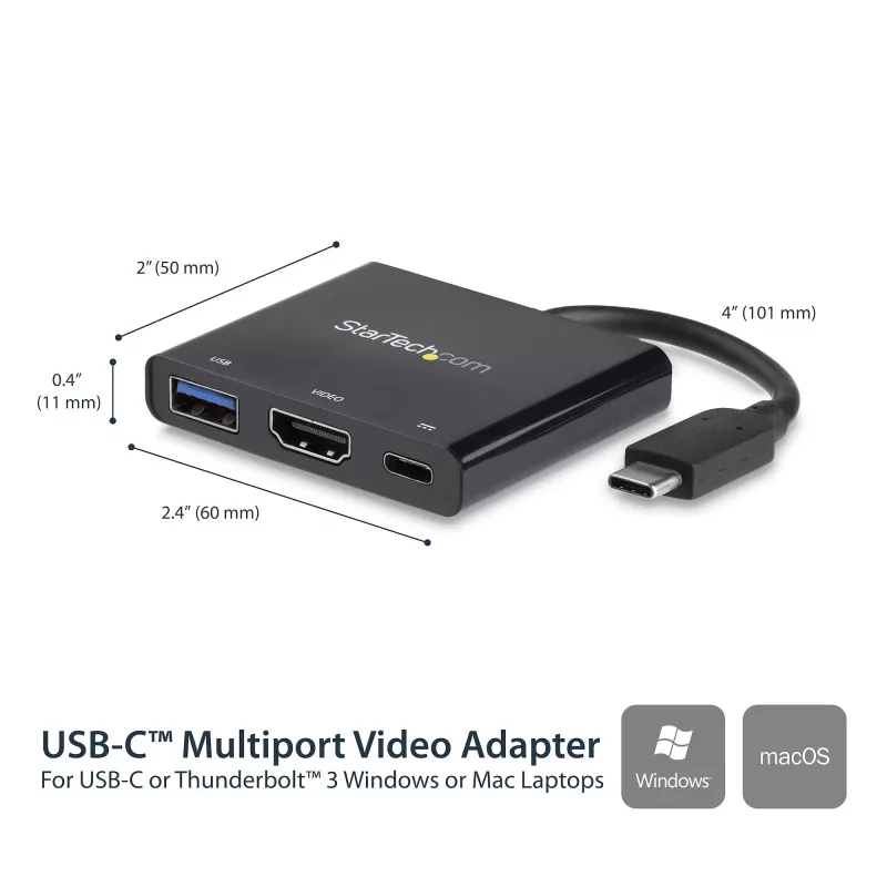 StarTech.com USB-C daudzpieslēgvietu adapteris ar HDMI - USB 3.0 pieslēgvieta - 60 W PD - melns