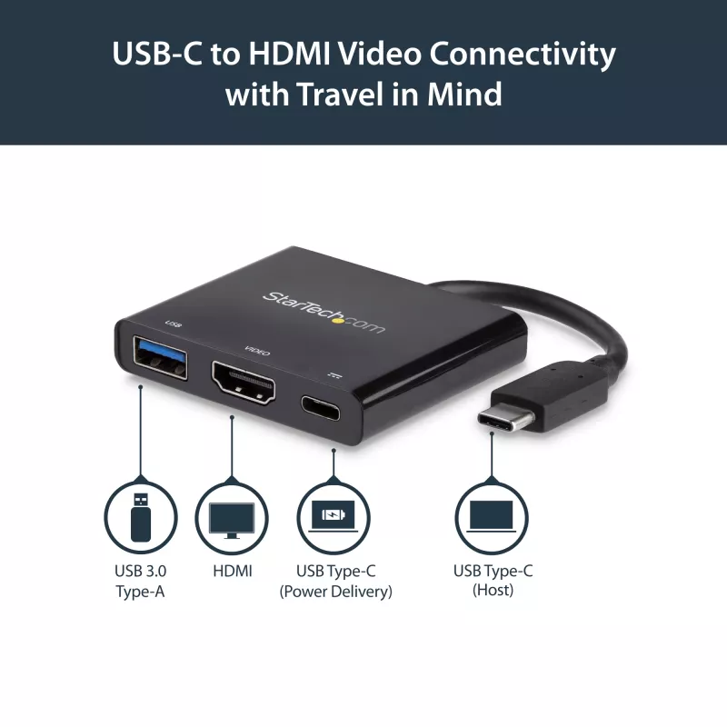 StarTech.com USB-C daudzpieslēgvietu adapteris ar HDMI - USB 3.0 pieslēgvieta - 60 W PD - melns