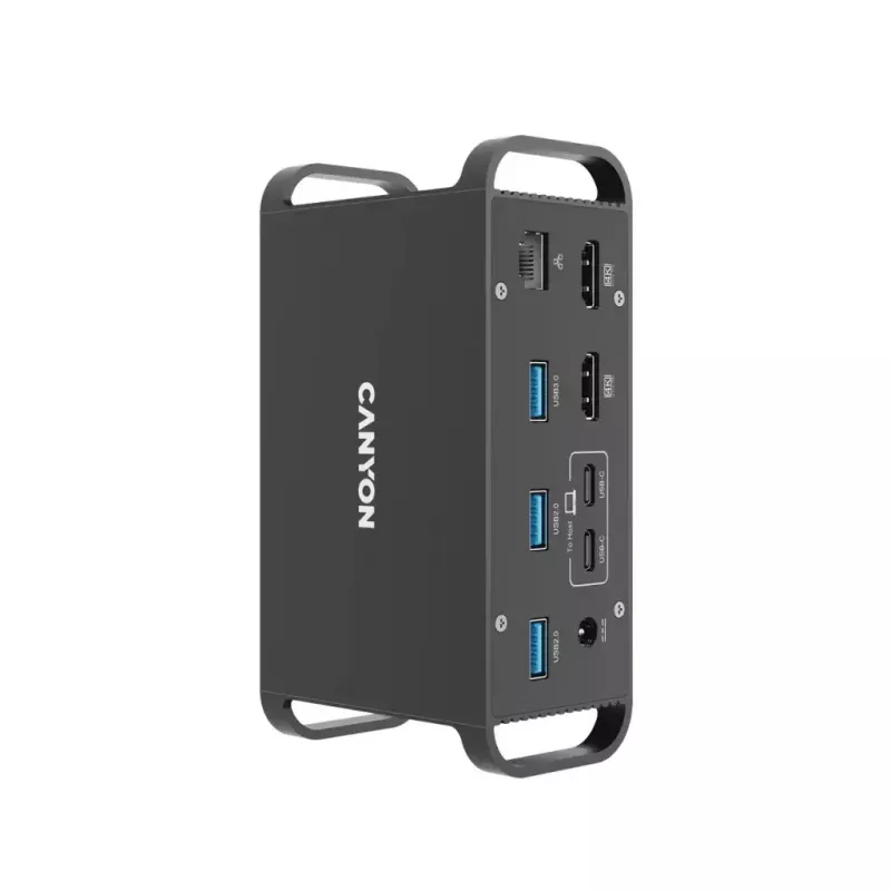 Dokstacija CANYON CNS-HDS95ST — USB-C (USB 3.2 Gen 2) dokstacija ar 2× HDMI, 2× USB 3.2 Gen1, 2× USB 2.0, Gigabit Ethernet, 100W, alumīnijs, melna
