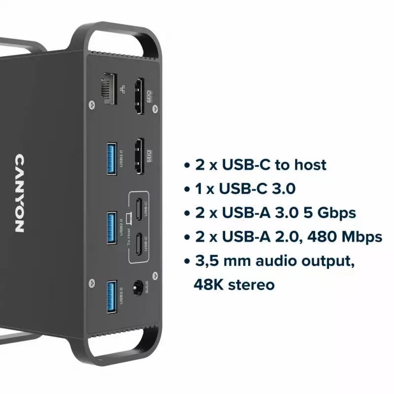 Dokstacija CANYON CNS-HDS95ST — USB-C (USB 3.2 Gen 2) dokstacija ar 2× HDMI, 2× USB 3.2 Gen1, 2× USB 2.0, Gigabit Ethernet, 100W, alumīnijs, melna