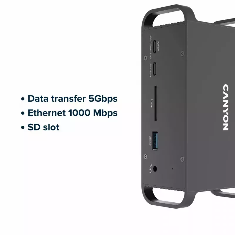 Dokstacija CANYON CNS-HDS95ST — USB-C (USB 3.2 Gen 2) dokstacija ar 2× HDMI, 2× USB 3.2 Gen1, 2× USB 2.0, Gigabit Ethernet, 100W, alumīnijs, melna