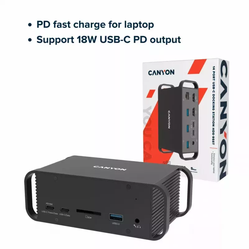 Dokstacija CANYON CNS-HDS95ST — USB-C (USB 3.2 Gen 2) dokstacija ar 2× HDMI, 2× USB 3.2 Gen1, 2× USB 2.0, Gigabit Ethernet, 100W, alumīnijs, melna