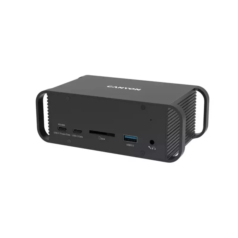 Dokstacija CANYON CNS-HDS95ST — USB-C (USB 3.2 Gen 2) dokstacija ar 2× HDMI, 2× USB 3.2 Gen1, 2× USB 2.0, Gigabit Ethernet, 100W, alumīnijs, melna