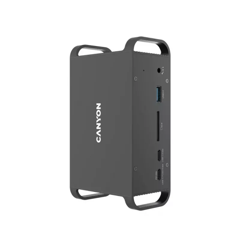Dokstacija CANYON CNS-HDS95ST — USB-C (USB 3.2 Gen 2) dokstacija ar 2× HDMI, 2× USB 3.2 Gen1, 2× USB 2.0, Gigabit Ethernet, 100W, alumīnijs, melna