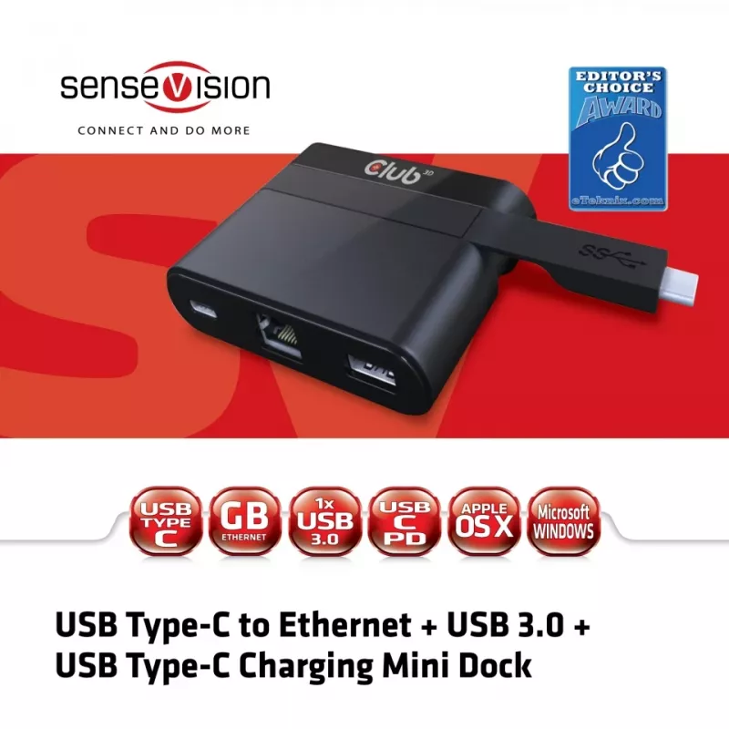 CLUB3D USB Type-C uz Ethernet + USB 3.0 + USB Type-C uzlādes mini dokstacija