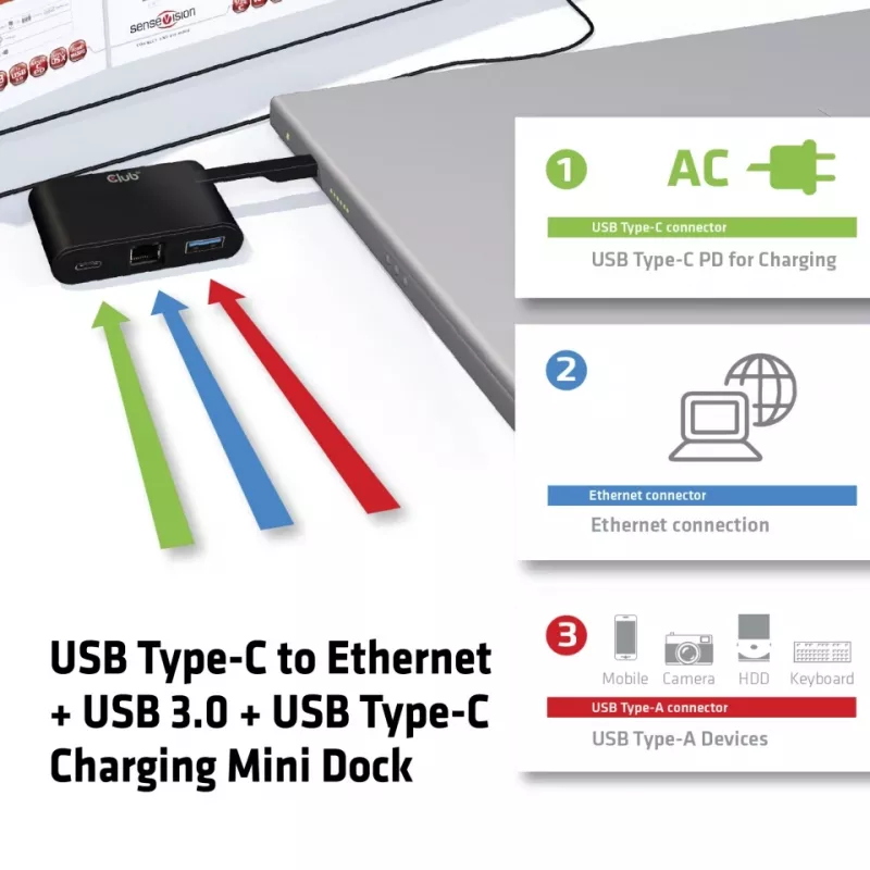 CLUB3D USB Type-C uz Ethernet + USB 3.0 + USB Type-C uzlādes mini dokstacija