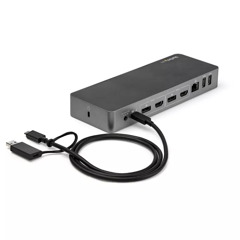 StarTech.com Universāla klēpjdatoru dokstacija, hibrīda USB-C un USB-A doks, divi 4K DP un HDMI, 60W PD, Mac / Windows / Chrome OS, 4x USB 5Gbps centrmezgls, GbE