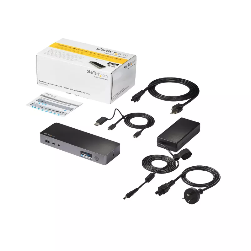 StarTech.com Universāla klēpjdatoru dokstacija, hibrīda USB-C un USB-A doks, divi 4K DP un HDMI, 60W PD, Mac / Windows / Chrome OS, 4x USB 5Gbps centrmezgls, GbE
