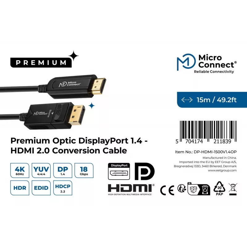 Microconnect DP-HDMI-1500V1.4OP video kabeļa adapteris, 15 m, DisplayPort, melns