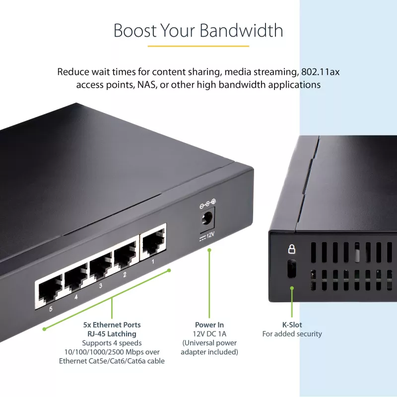 StarTech.com Nepārvaldīts 2.5G slēdzis – 5 portu gigabitu slēdzis – 2.5GBASE-T nepārvaldīts Ethernet slēdzis – Ethernet sadalītājs – DIN sliedes vai sienas stiprinājums – Multi-Gigabit – Auto-MDIX – 9K Jumbo