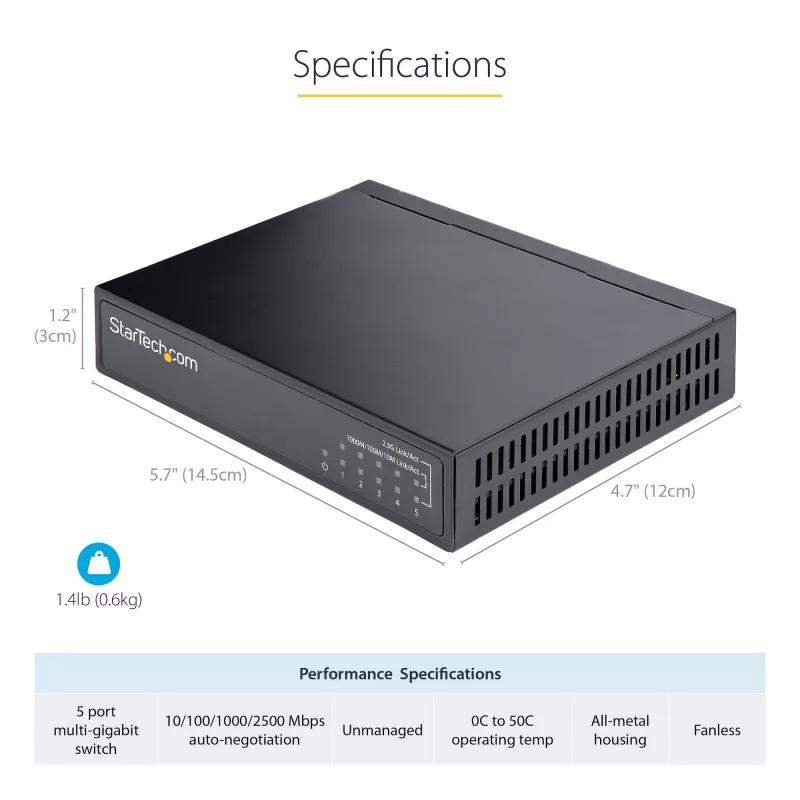 StarTech.com Nepārvaldīts 2.5G slēdzis – 5 portu gigabitu slēdzis – 2.5GBASE-T nepārvaldīts Ethernet slēdzis – Ethernet sadalītājs – DIN sliedes vai sienas stiprinājums – Multi-Gigabit – Auto-MDIX – 9K Jumbo