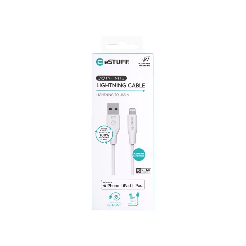 Lightning kabelis eSTUFF ES601170 1m USB A 2,4A 5V Balts