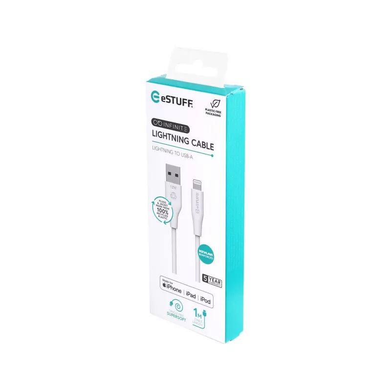 Lightning kabelis eSTUFF ES601170 1m USB A 2,4A 5V Balts