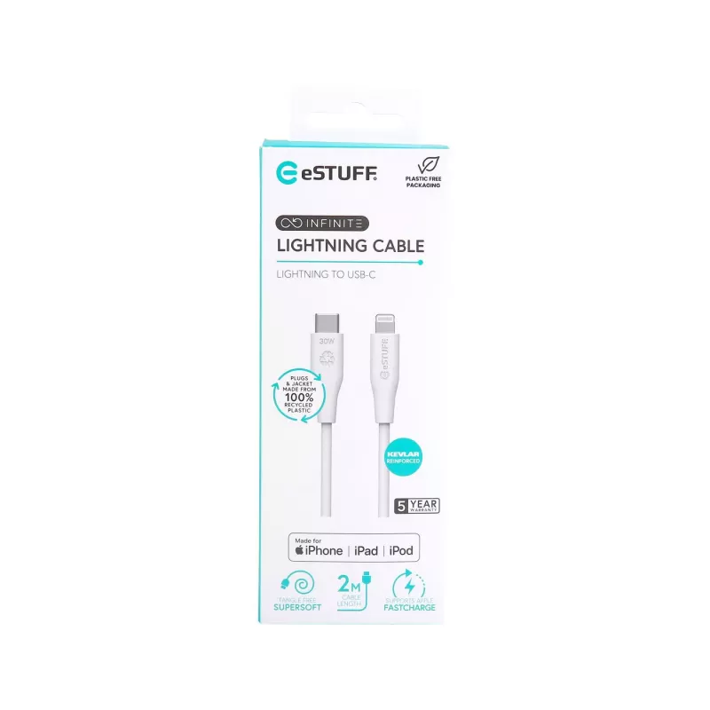 Lightning kabelis eSTUFF ES602270 3m USB C 2.4A Balts
