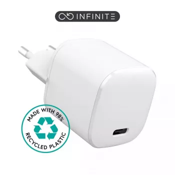 eSTUFF 100% pārstrādāta plastmasa - mājas lādētājs USB-C PD 3A 20W, ES kontaktdakša - balts