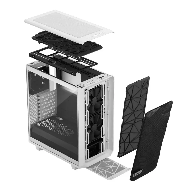 PC torņa korpuss Fractal Design Meshify 2 Compact — balts, atbalsta ATX barošanas bloku, 2x140mm priekšā, 1x120mm aizmugurē, 2,5 collu/3,5 collu diskdziņi, 210×424×475 mm