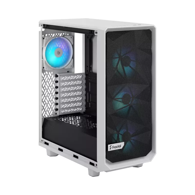 PC korpuss Fractal Design Meshify 2 Compact RGB balta — ATX/microATX/Mini-ITX, atbalsta 3x120 mm priekšā + 1x120 mm aizmugurē, 2,5 collas/3,5 collas diskdziņi