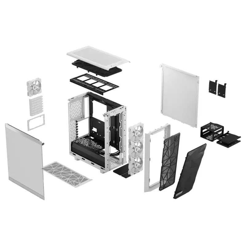 PC korpuss Fractal Design Meshify 2 Compact RGB balta — ATX/microATX/Mini-ITX, atbalsta 3x120 mm priekšā + 1x120 mm aizmugurē, 2,5 collas/3,5 collas diskdziņi