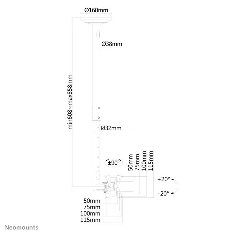 Neomounts FPMA-C050SILVER Monitora/TV stiprinājums pie griestiem 10-30 collas - h 60-85 cm