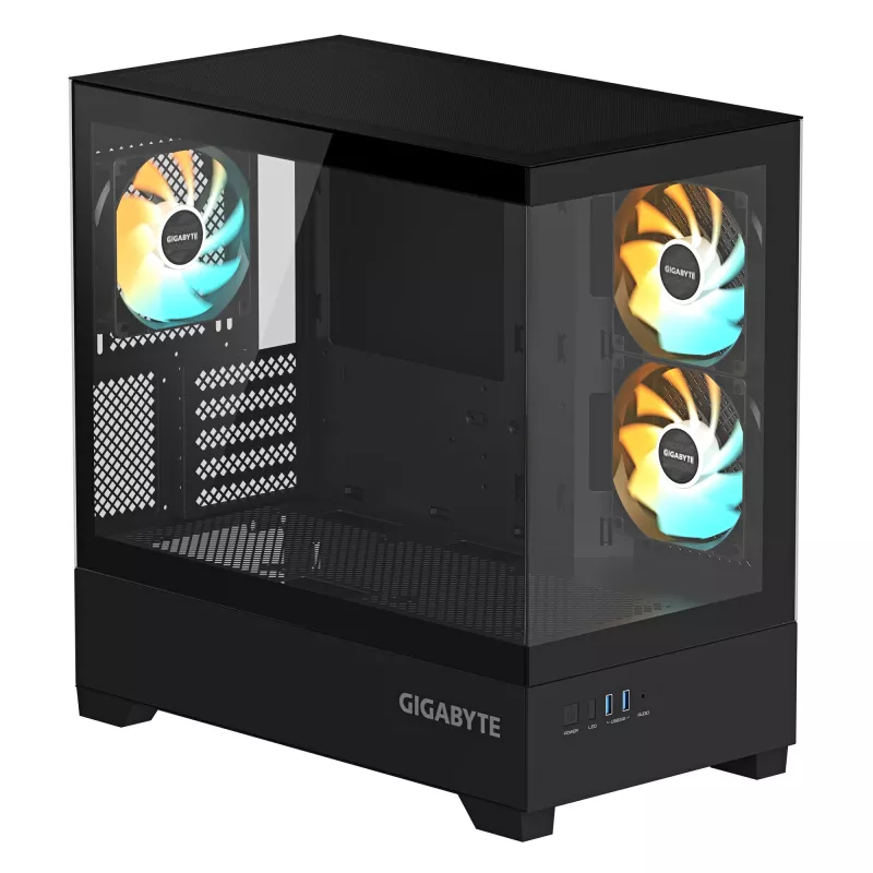 GIGABYTE C201 PANORAMIC datora korpuss - Midi Tower, m-ATX, 360mm radiatora atbalsts, 3 iepriekš uzstādīti ventilatori, USB 3.0, RGB Fusion atbalsts