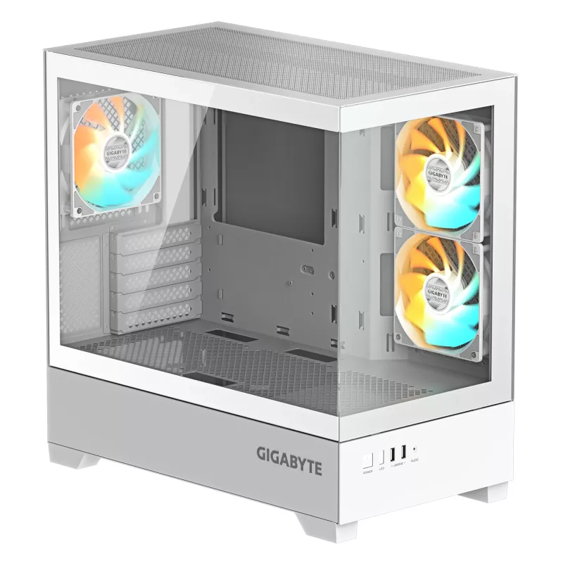 GIGABYTE C201 PANORAMIC ICE PC korpuss - Midi Tower, m-ATX, 360mm radiatoru atbalsts, 3 iepriekš uzstādīti ventilatori, USB 3.0, atbalsta RGB Fusion