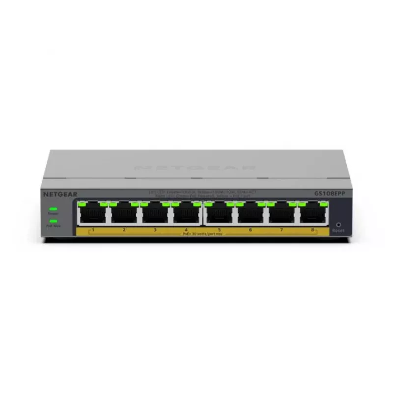 NETGEAR GS108EPP Nevadāms Gigabit Ethernet (10/100/1000) Power over Ethernet (PoE) galddatora/sienas stiprinājuma pelēks