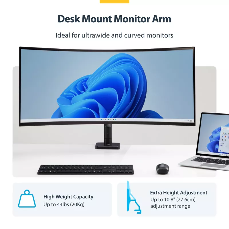 StarTech.com Monitora galda stiprinājums līdz 49 collu 32:9 īpaši platam izliektam ekrānam, mehāniska atsperes svira, C-skava/caurums, bezinstrumentu regulēšana, maks. 44 mārciņas/20 kg