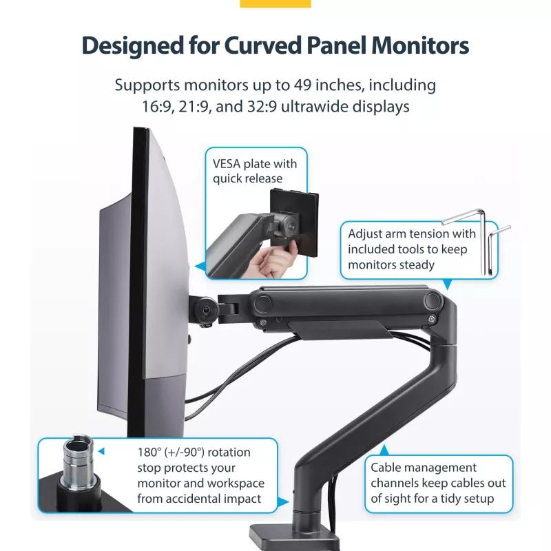 StarTech.com Monitora galda stiprinājums līdz 49 collu 32:9 īpaši platam izliektam ekrānam, mehāniska atsperes svira, C-skava/caurums, bezinstrumentu regulēšana, maks. 44 mārciņas/20 kg