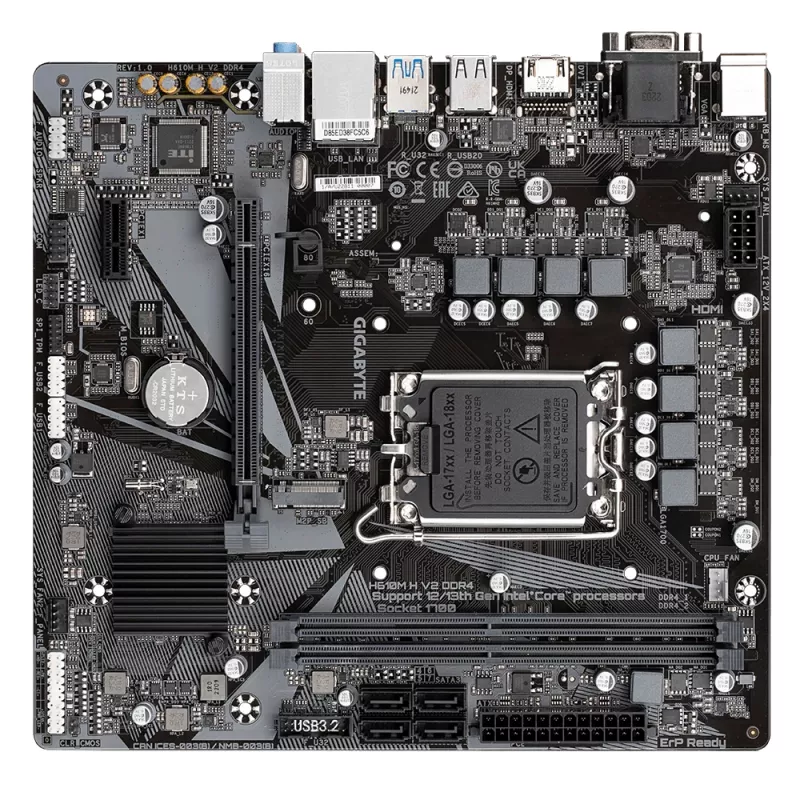 GIGABYTE H610M H V2 DDR4 mātesplate - atbalsta Intel Core 14. paaudzes CPU, 6+1+1 hibrīda digitālais VRM, līdz 3200MHz DDR4 (OC), 1xPCIe 3.0 M.2, GbE LAN, USB 3.2 Gen 1